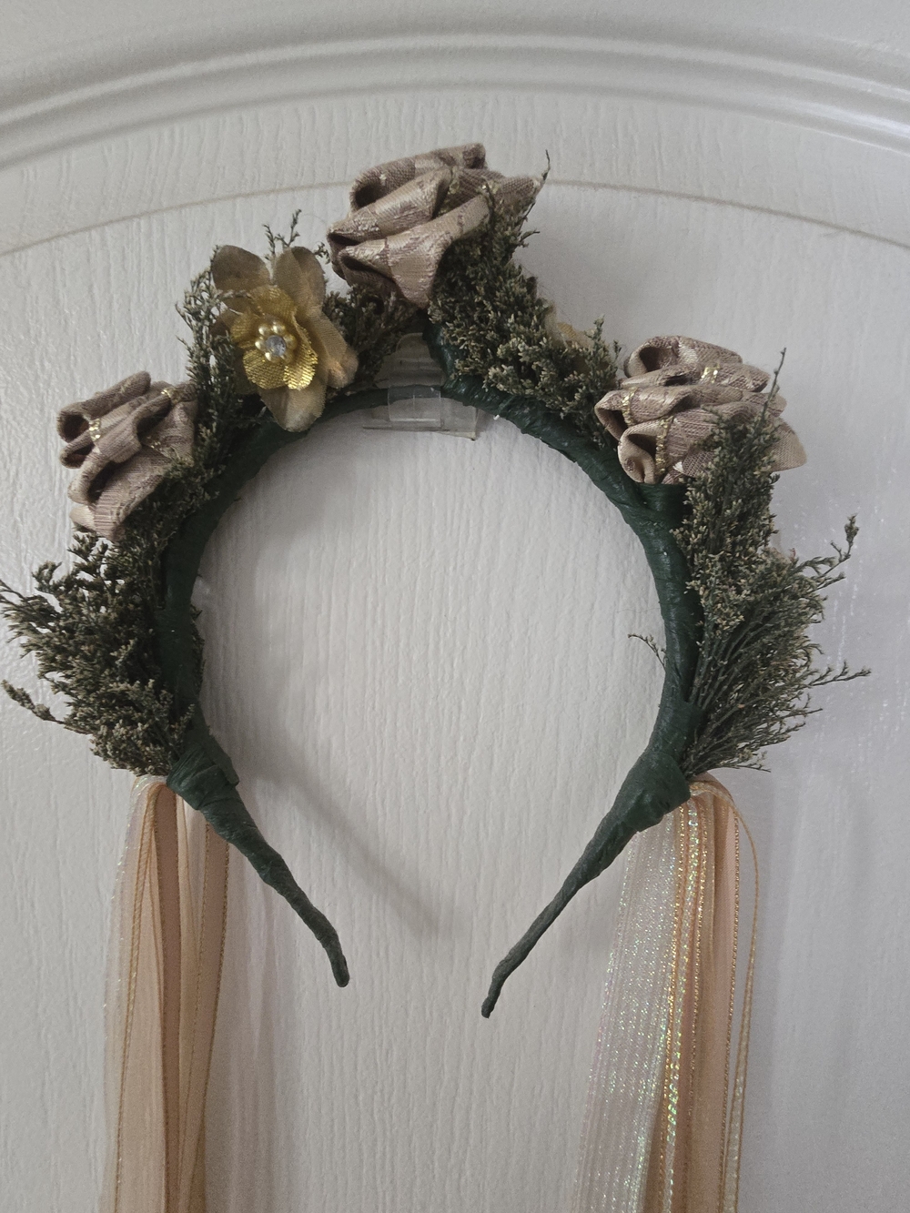 Floral Green Beige Flower Headband with Ribbon Streamers Renaissance Faire